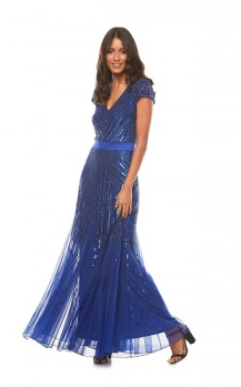Zaliea collection, Style Code Z0002 sapphire, Long cap sleeve beaded dress with satin waistband and fishtail skirt:  On Sale Now